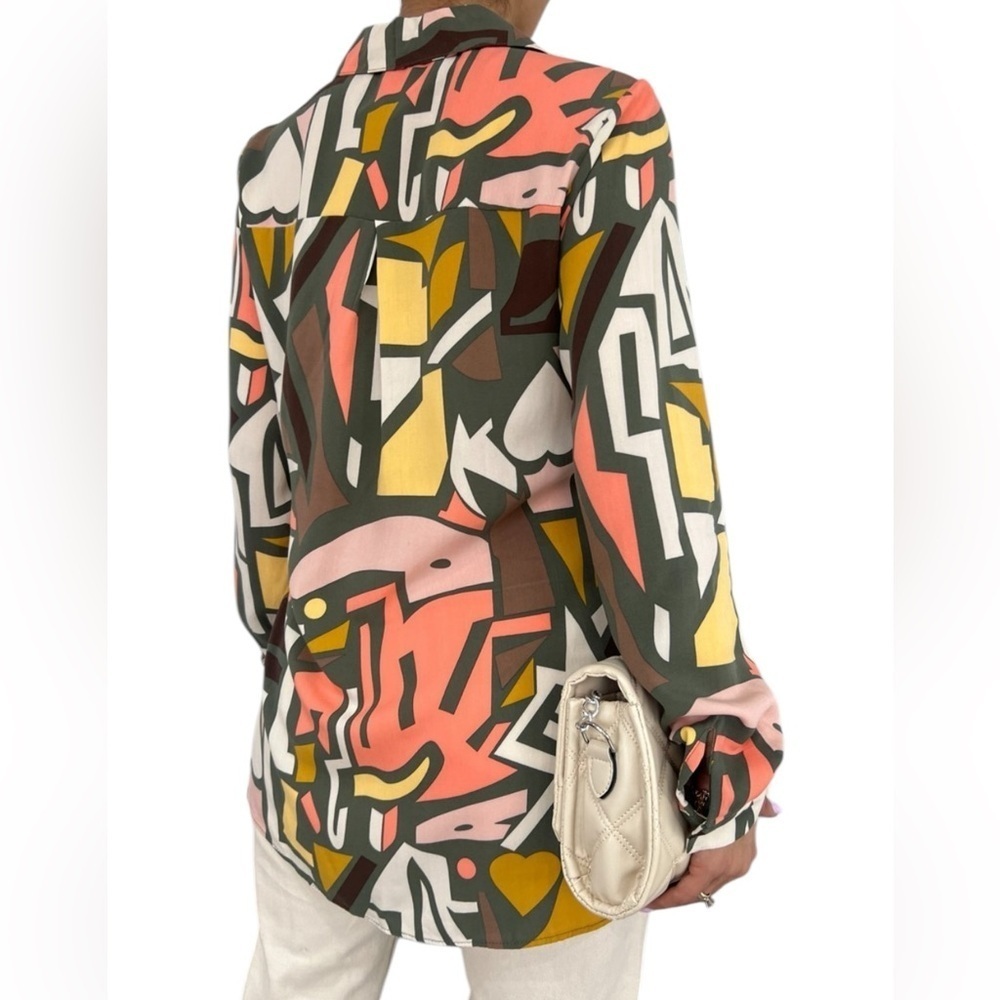 Big Dart Graphic Abstract Button Down Shirt Olive… - image 3